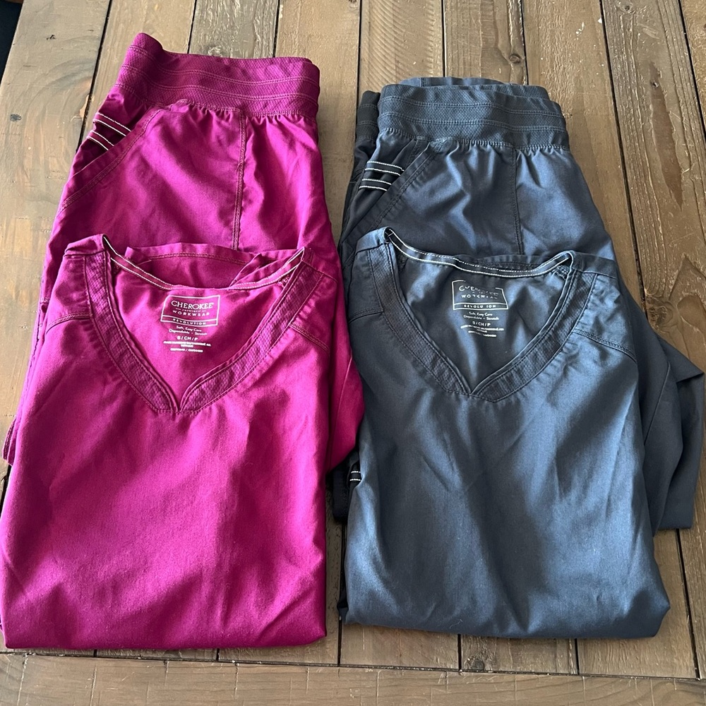 2 pairs Cherokee Revolution Scrubs Small tops Medium Petite Bottoms